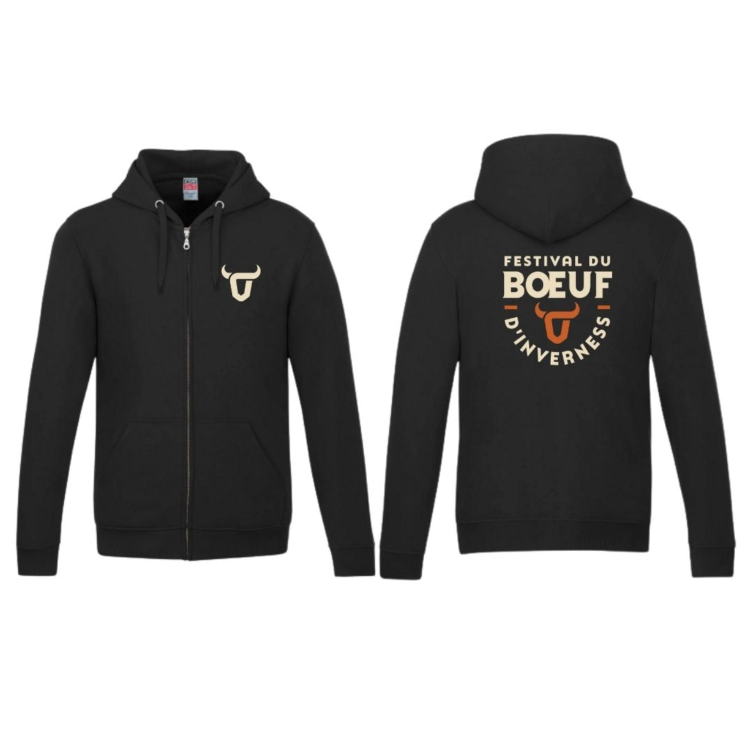 Hoodie à zip complet unisexe noir pour adulte Festival du Boeuf d'Inverness