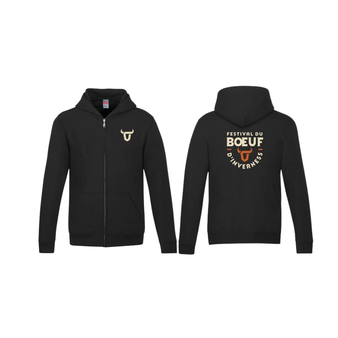 Hoodie à zip complet unisexe junior noir pour adulte Festival du Boeuf d'Inverness