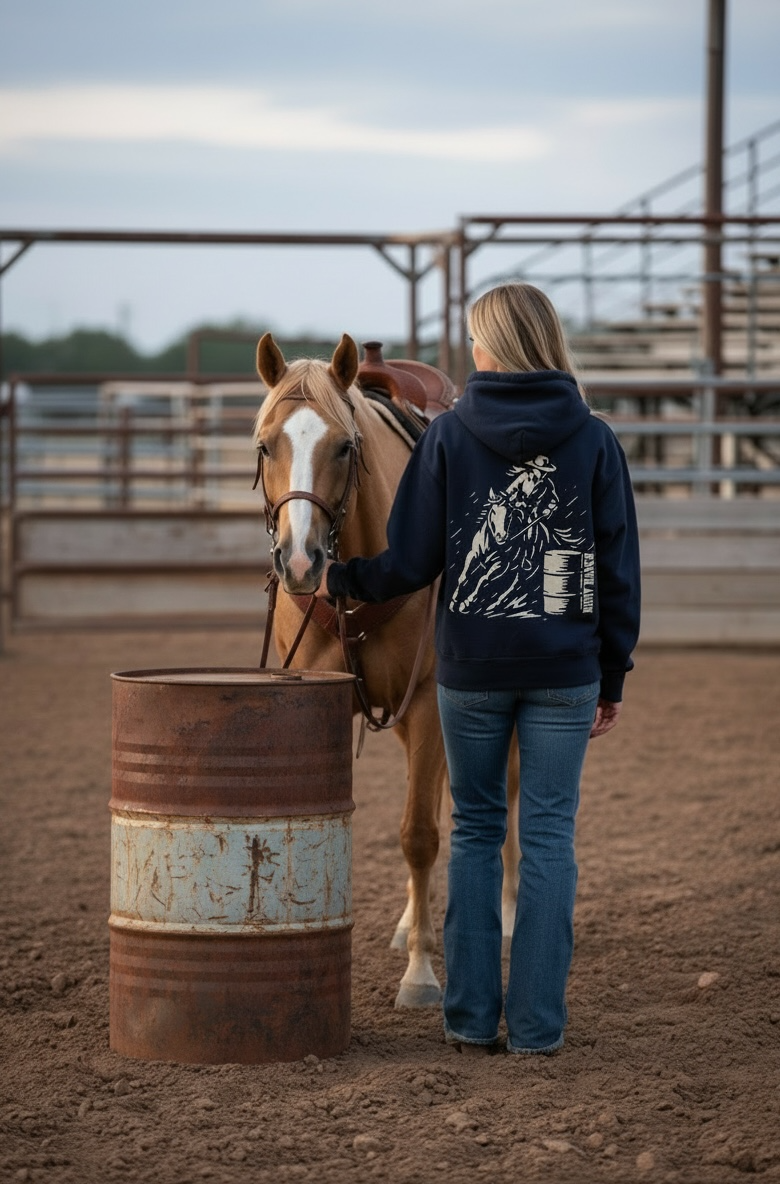 Hoodie Western "Barrel Riding Girl" – Bleu marine