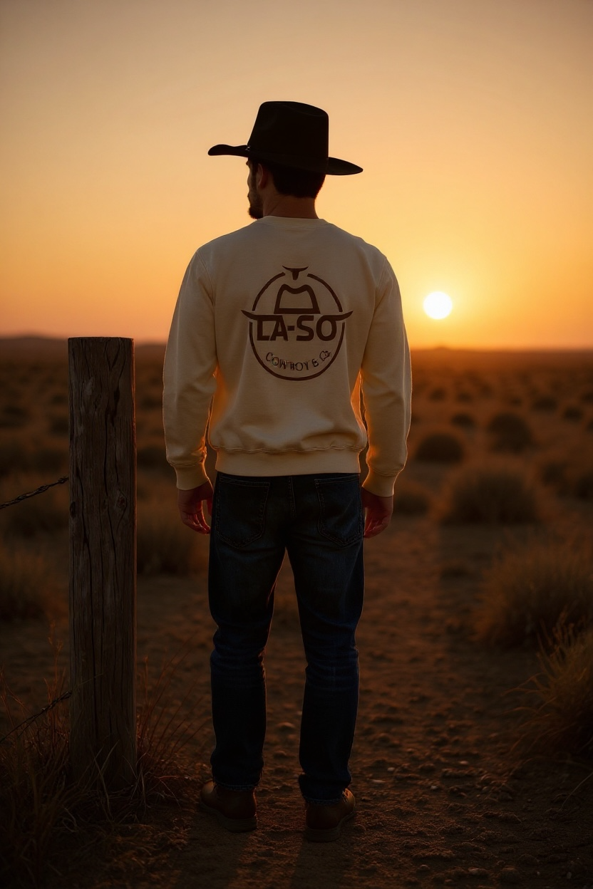 Crewneck La-So "Le Rancher" sable, vue arrière, logo au dos pleine largeur.
