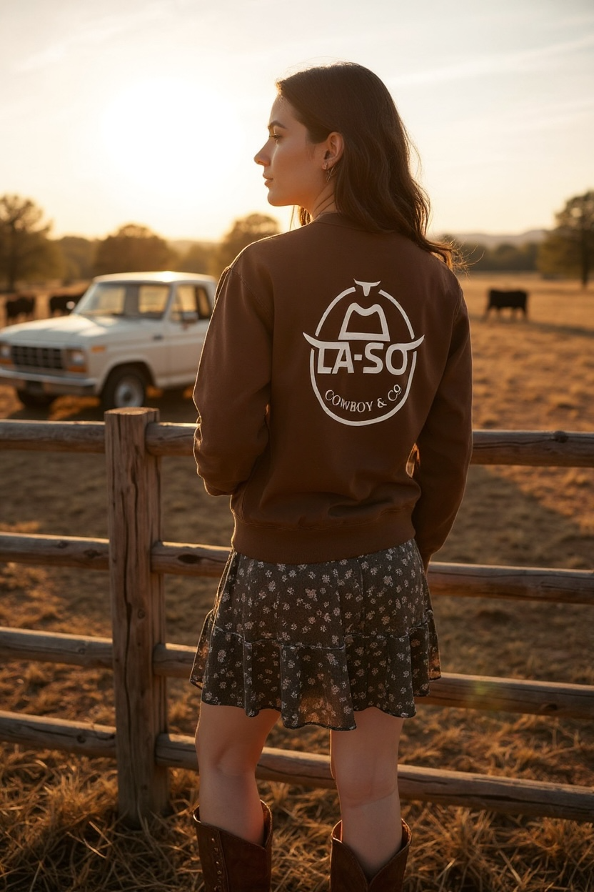 Crewneck La-So "Le Rancher" caramel, vue arrière, logo au dos pleine largeur.