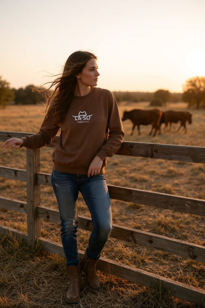 Crewneck La-So "Le Rancher" caramel, vue de face, logo au centre de la poitrin
