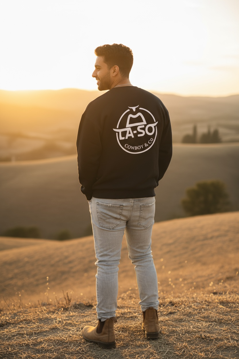 Crewneck La-So "Le Rancher" noir, vue arrière, logo au dos pleine largeur.