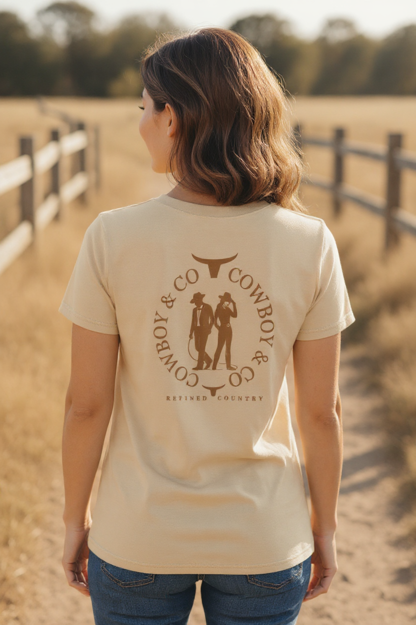 T-shirt La-So "Le Duo C & C", couleur ivoire, vue de dos, logo arrière duo Cowboy & Cowgirls pleine grosseur