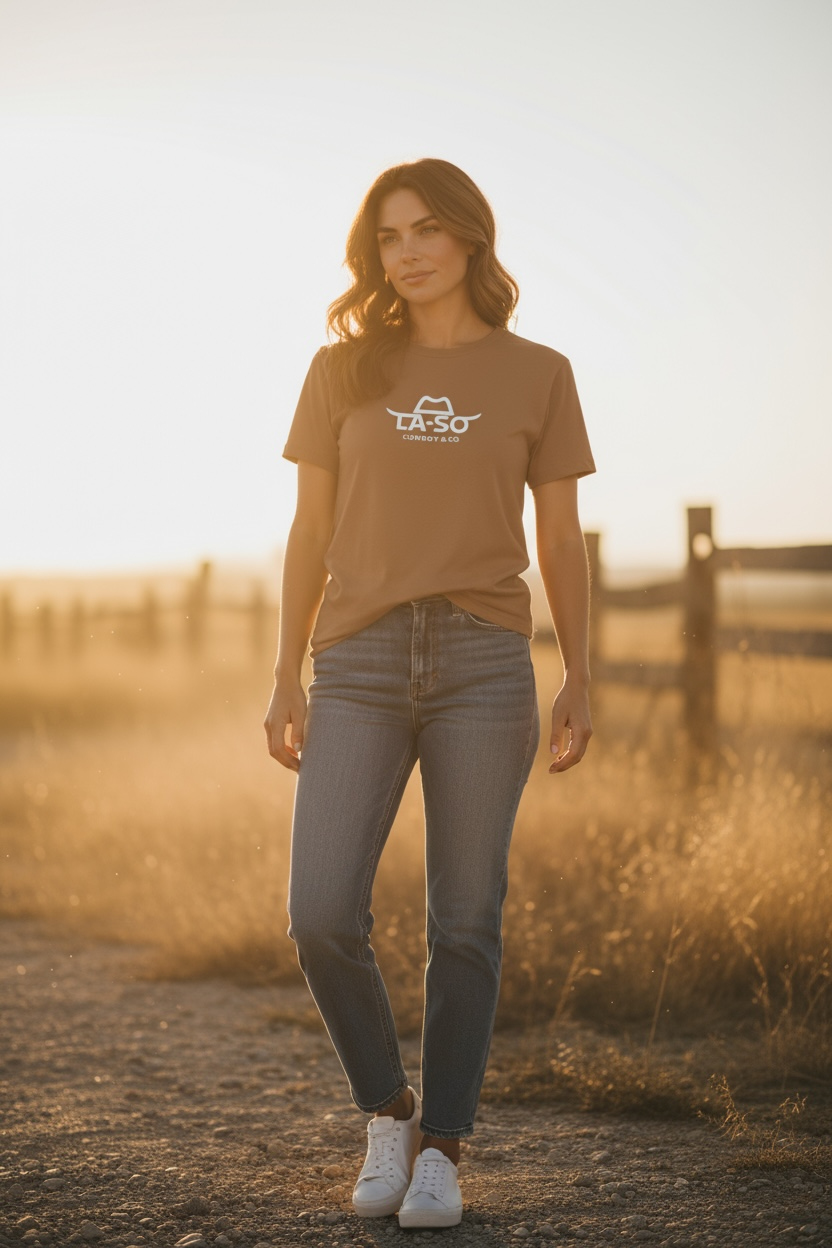T-shirt Le Rancher caramel, vue de face avec le logo de La-So au centre de la poitrine.