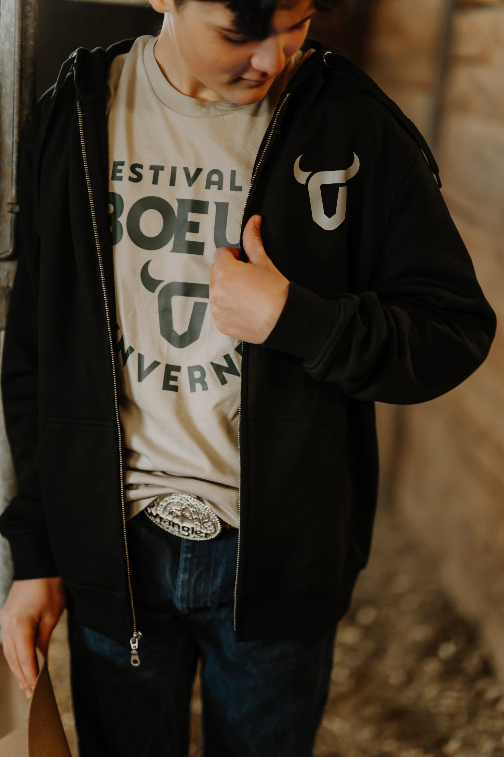 Hoodie à zip complet unisexe junior noir pour adulte Festival du Boeuf d'Inverness