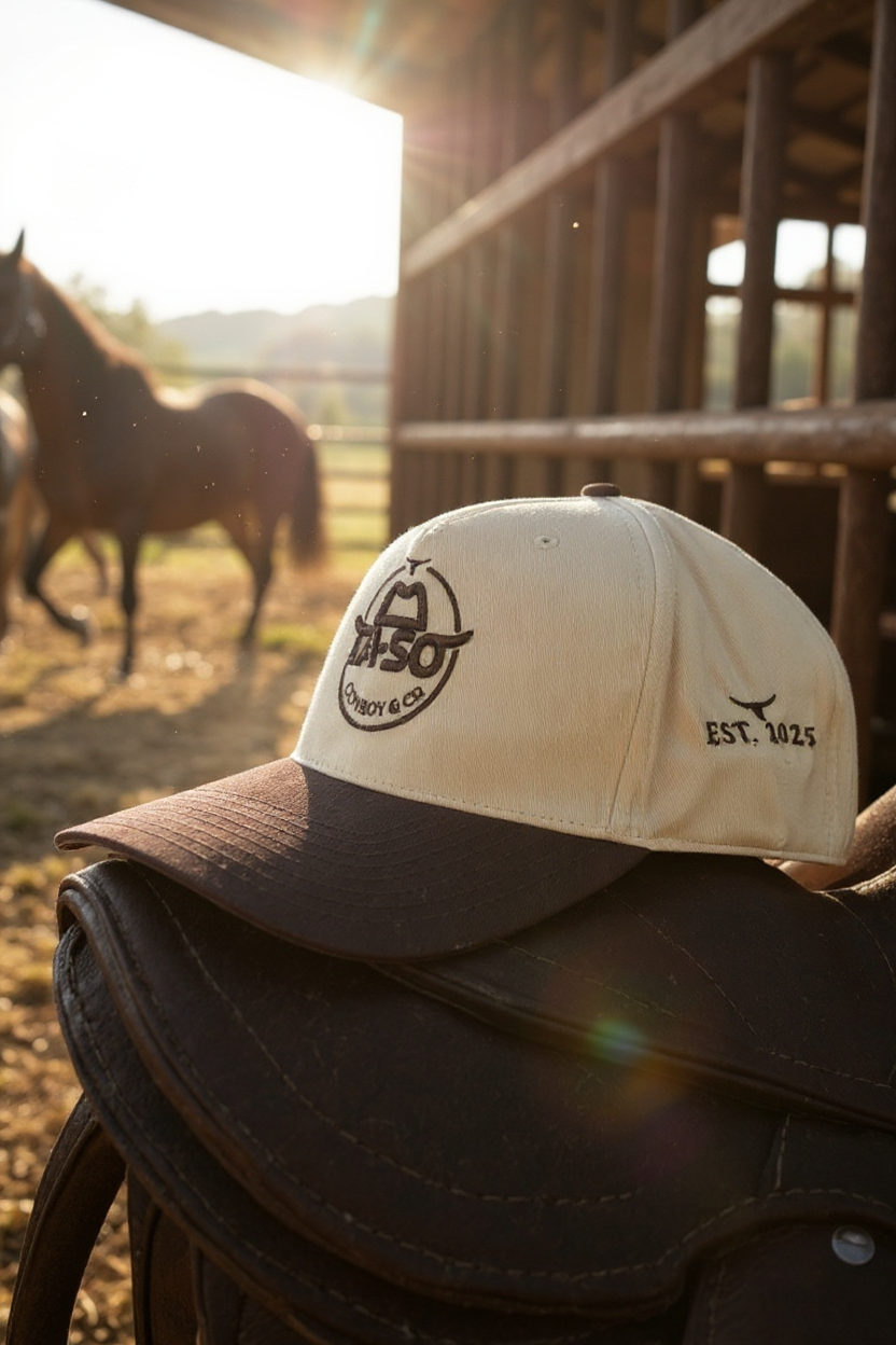 Casquette La Roper — Bicolore beige et brune, broderie signature LA-SO en deux relief, borderie sur côté. Look western moderne.