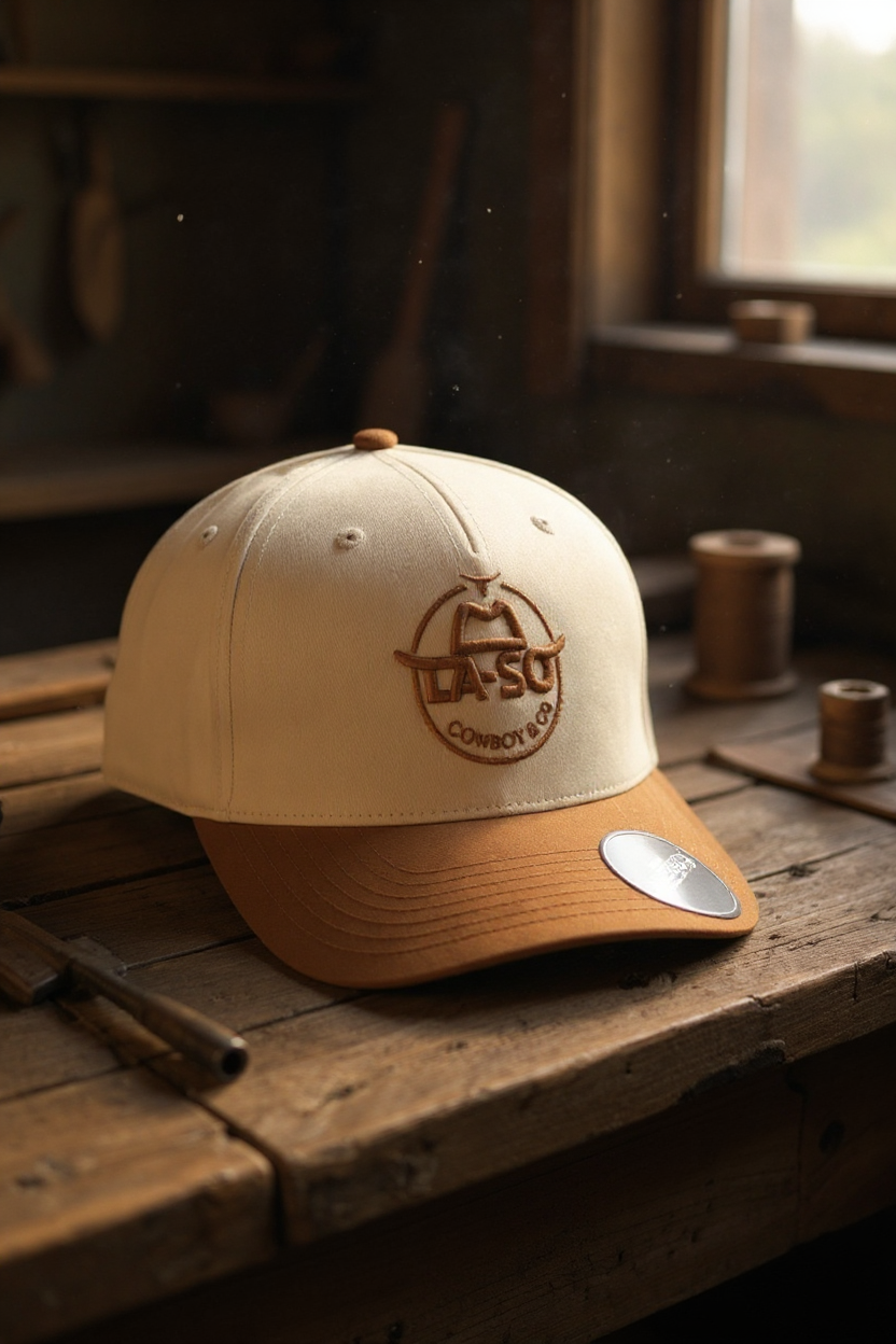 Casquette La Roper — Bicolore beige et caramel, broderie avant signature LA-SO en deux relief. Look western moderne.