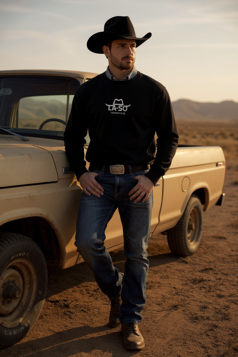 Crew neck noir, vue devant avec logo de La-So au centre de de la poitrine