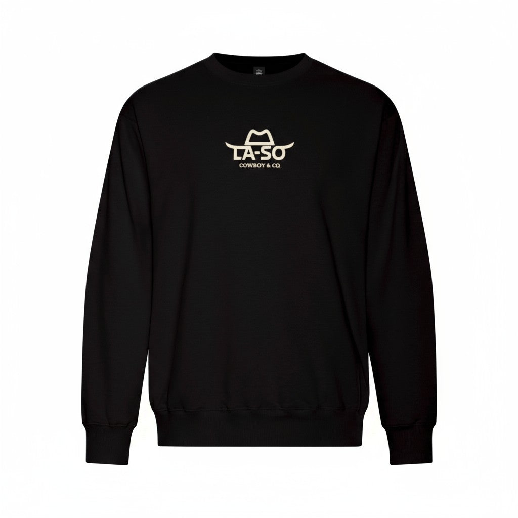 Crew neck noir, vue devant avec logo de La-So au centre de de la poitrine
