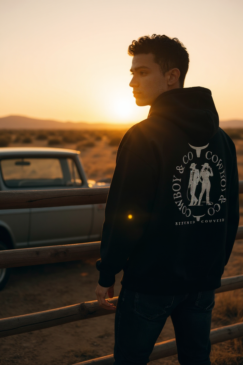 Hoodie bnoir au dos le logo Le Duo C&C deux silhouettes — un cowboy et une cowgirl encadrées par deux têtes de longhorn stylisées et le texte “COWBOY & CO – REFINED COUNTRY