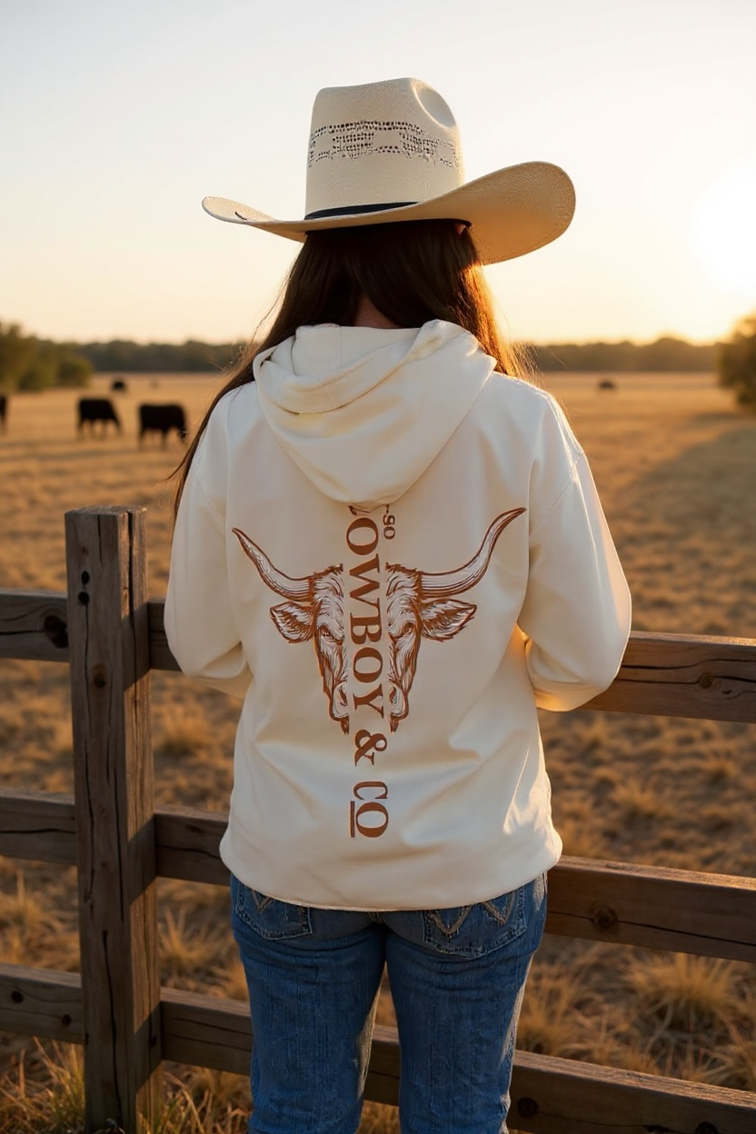 Hoodie prémium "Longhorn" couleur sable, vue arrière, tête de bœuf longhorn illustrée