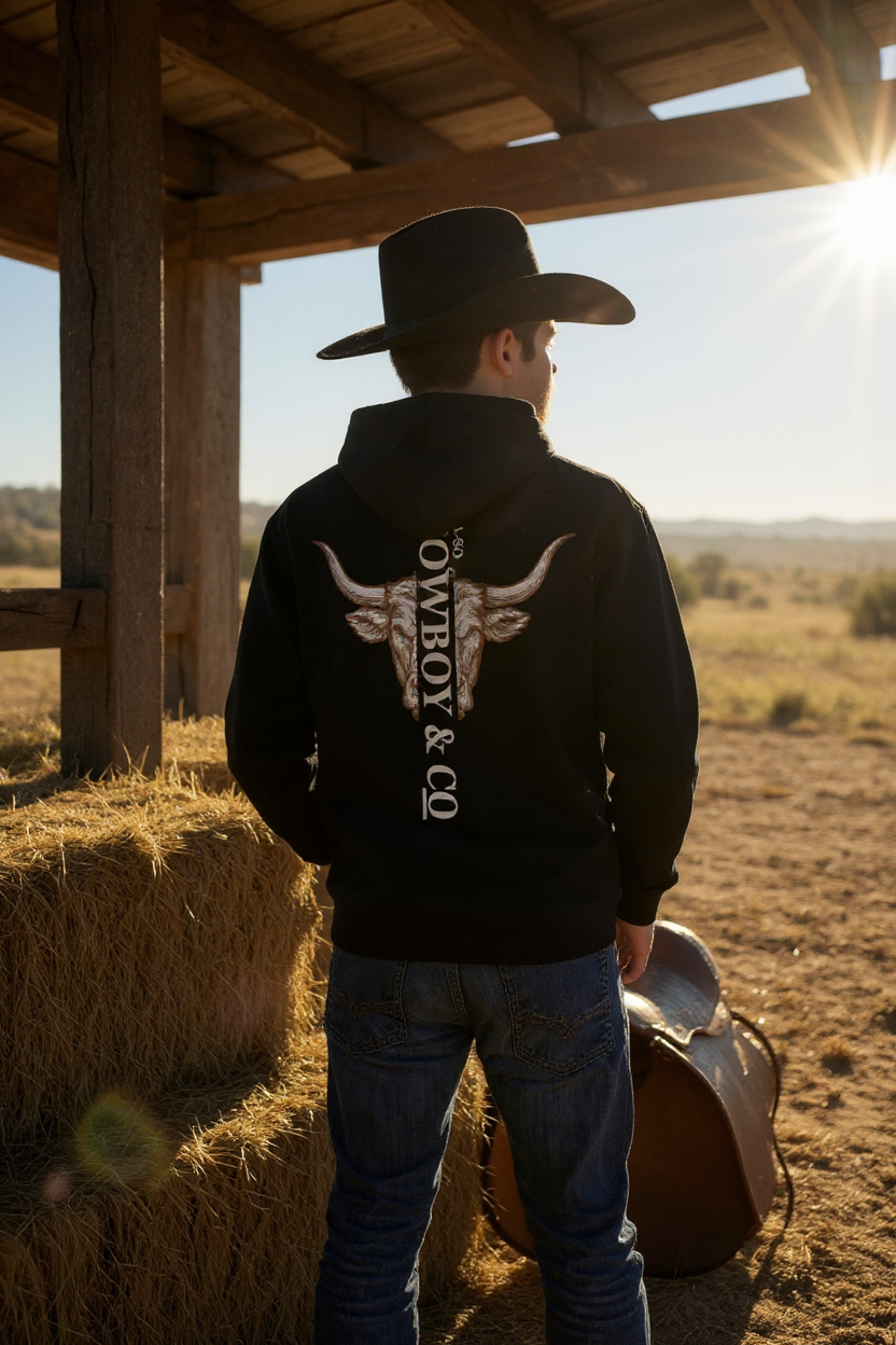 Hoodie prémium "Longhorn" couleur noir, vue arrière, tête de bœuf longhorn illustrée
