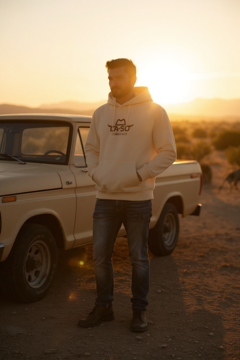 Hoodie prémium "Longhorn" couleur sable, vue avant, logo La-So centré à la poitrine.