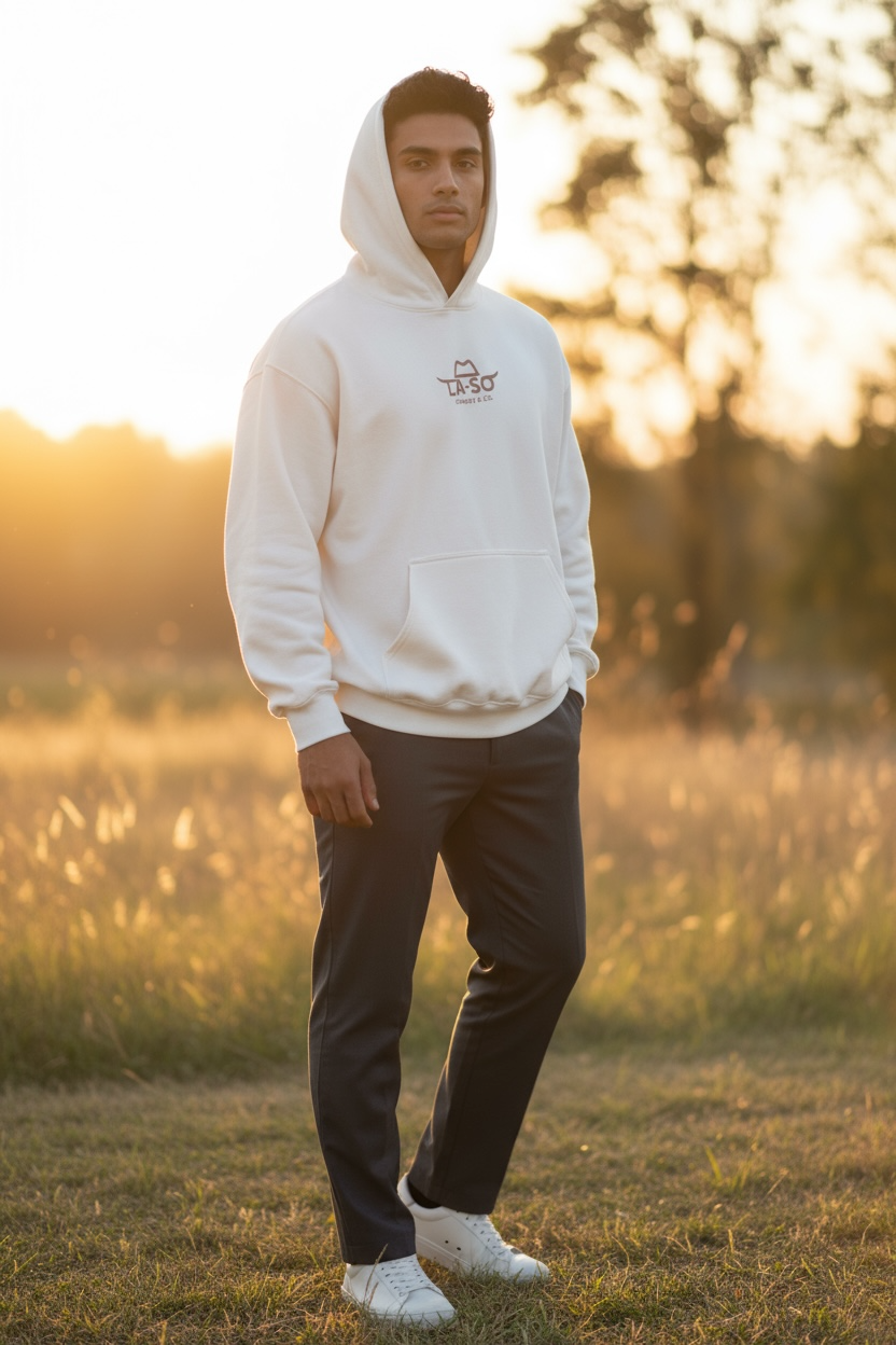 Hoodie premium, Le Duo C&C au dos, devant avec logo La-So au centre de la poitrine, couleur sable.