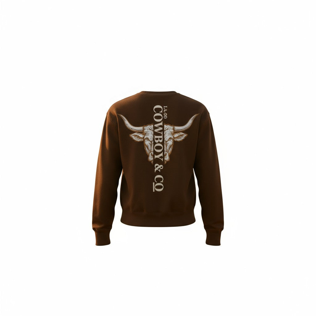 Crew Neck prémium "Longhorn" couleur caramel, vue arrière, tête de bœuf longhorn illustrée