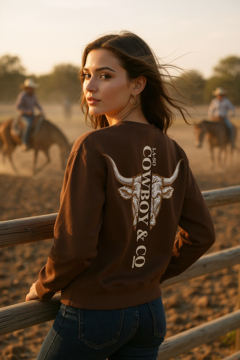 Crew neck prémium "Longhorn" couleur ivoire, vue arrière, tête de bœuf longhorn illustrée