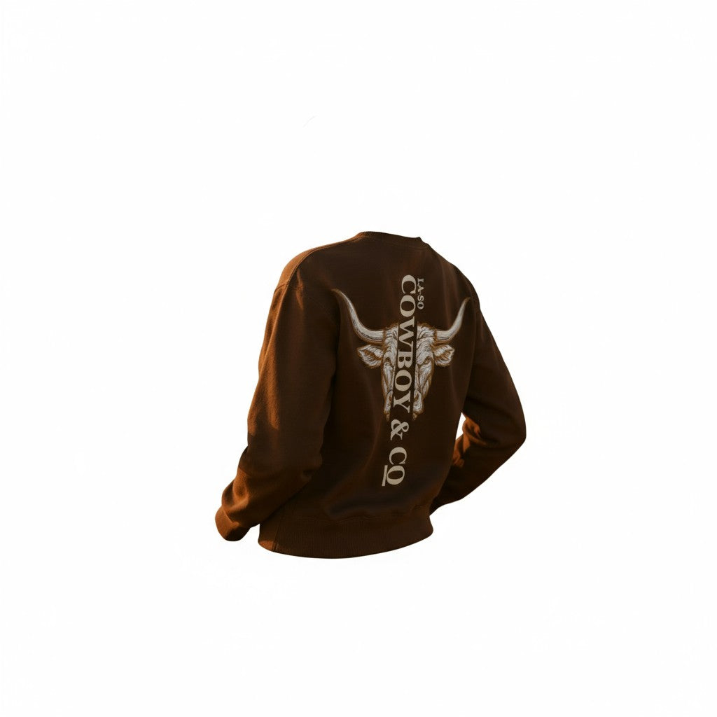 Crew Neck prémium "Longhorn" couleur caramel, vue arrière, tête de bœuf longhorn illustrée