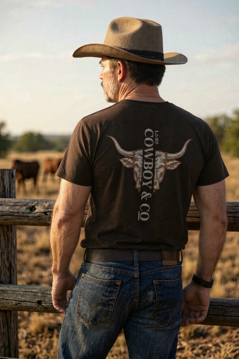 T-shirt "Longhorn" couleur brun, vue arrière, tête de bœuf longhorn illustrée