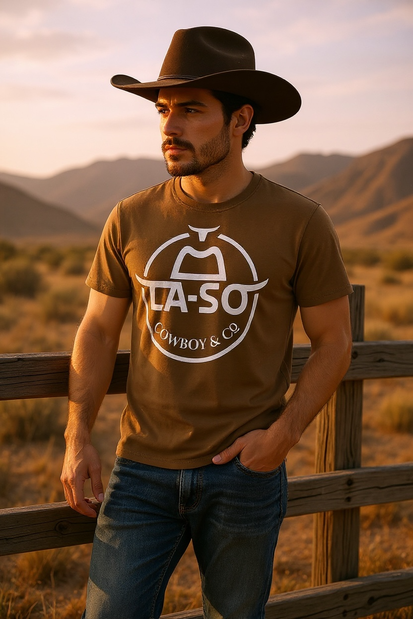 T-shirt caramel, vue face, logo emblématique le Rancher pleine grosseur, centré à la poitrine.