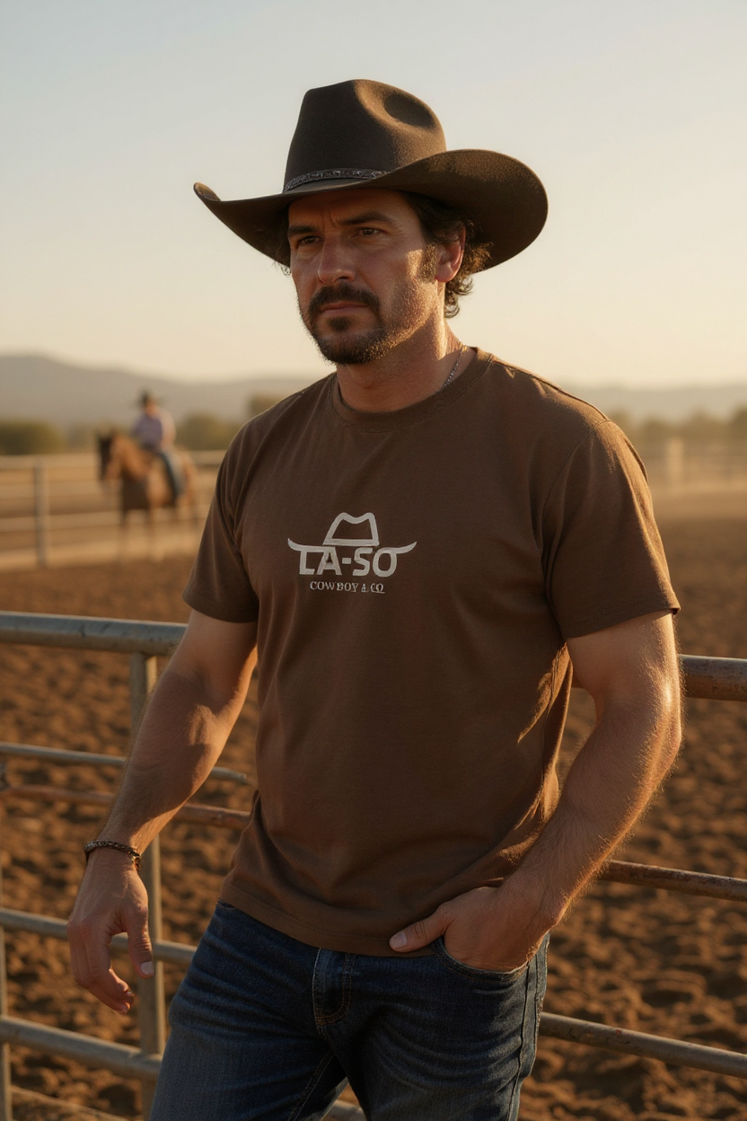T-shirt "Longhorn" couleur caramel, vue avant, logo La-So illustrée au centre de la poitrine