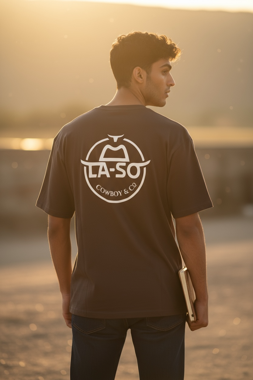 T-shirt Le Rancher brun, de derrière avec le logo emblématique de La-So impression pleine grosseur.