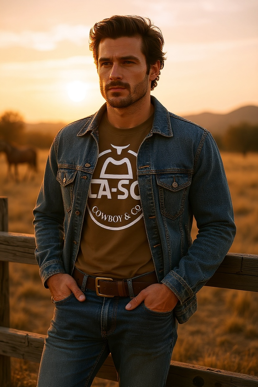T-shirt caramel , vue face, logo emblématique le Rancher pleine grosseur, centré à la poitrine, avec veste en denim sur mannequin.