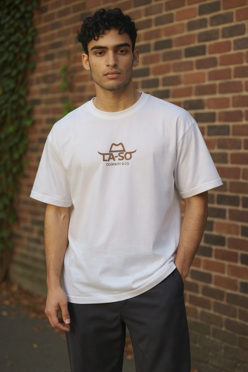 T-shirt prémium "Longhorn" ivoire, vue de face, logo La-So au centre de la poitrine