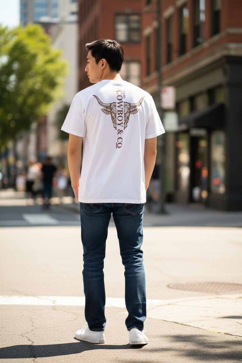 T-shirt prémium "Longhorn" couleur ivoire, vue arrière, tête de bœuf longhorn illustrée