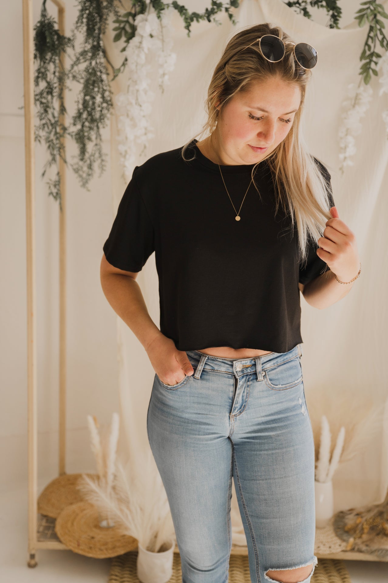 T-shirt Marie crop en bambou noir pour femme