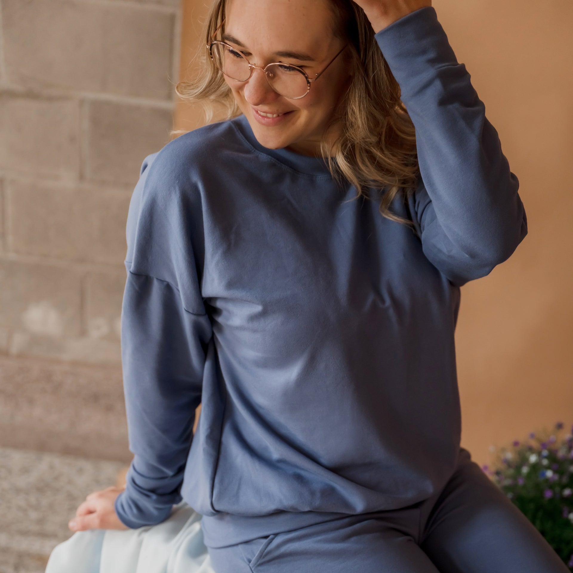 Crewneck femme prestige MomMe&Cie en bambou - Bleu acier